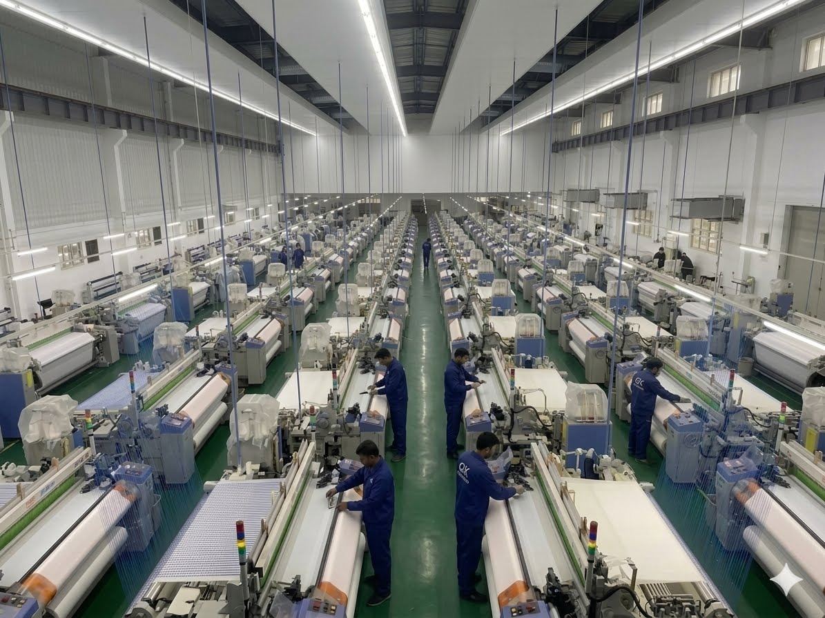 High-speed airjet looms weaving nylon-viscose greige at GK Weaves, Surat