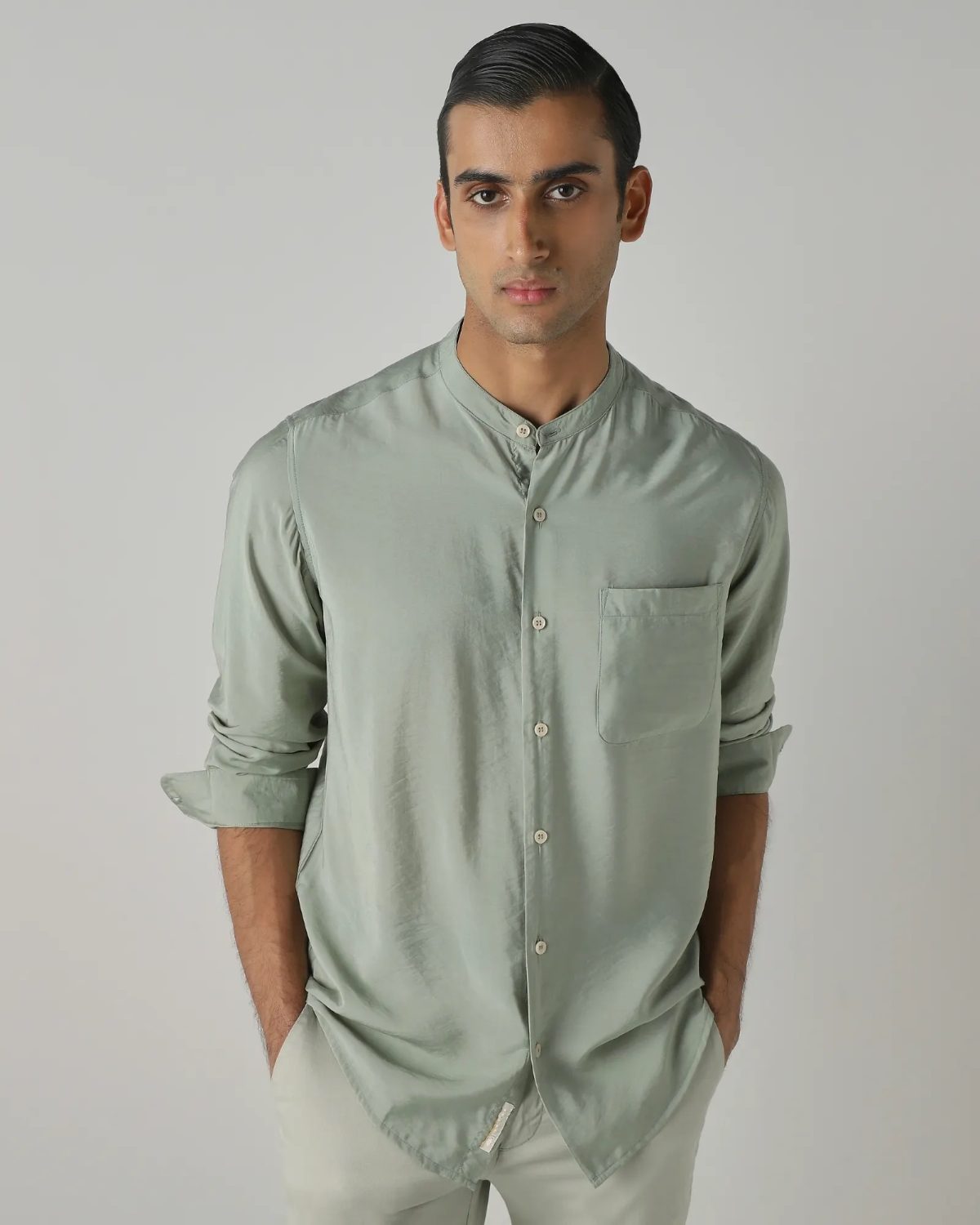 Model wearing a printed nylon-viscose Cuban collar resort shirt
